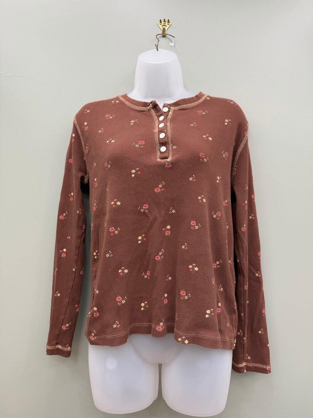 North River Outfitters Floral Henley Top M Brown Thermal 100% Cotton Y2K